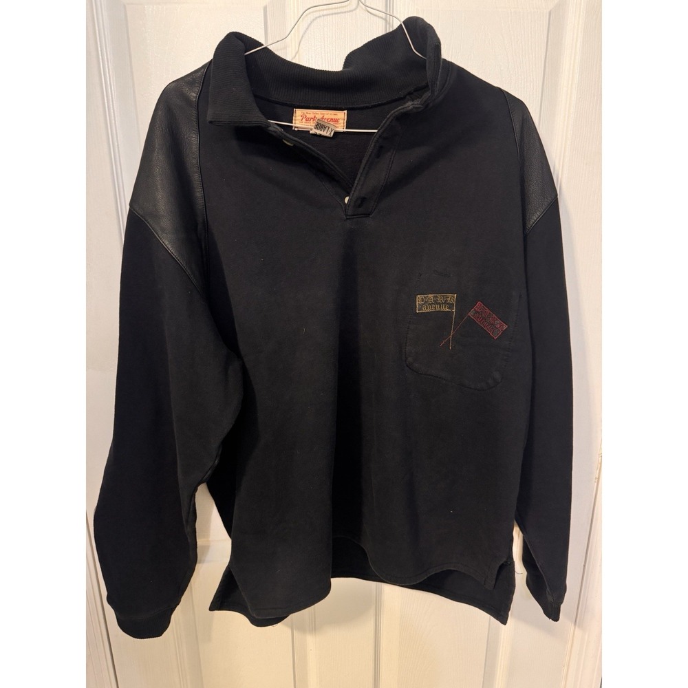 Vintage Park Avenue St. Louis Men's Black Polo Sweatshirt Leather Trim XL Fleece